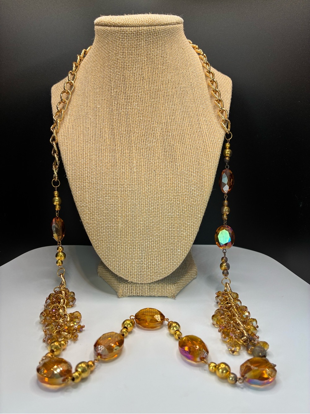 Vintage Gold-Tone Amber Beaded Long Necklace